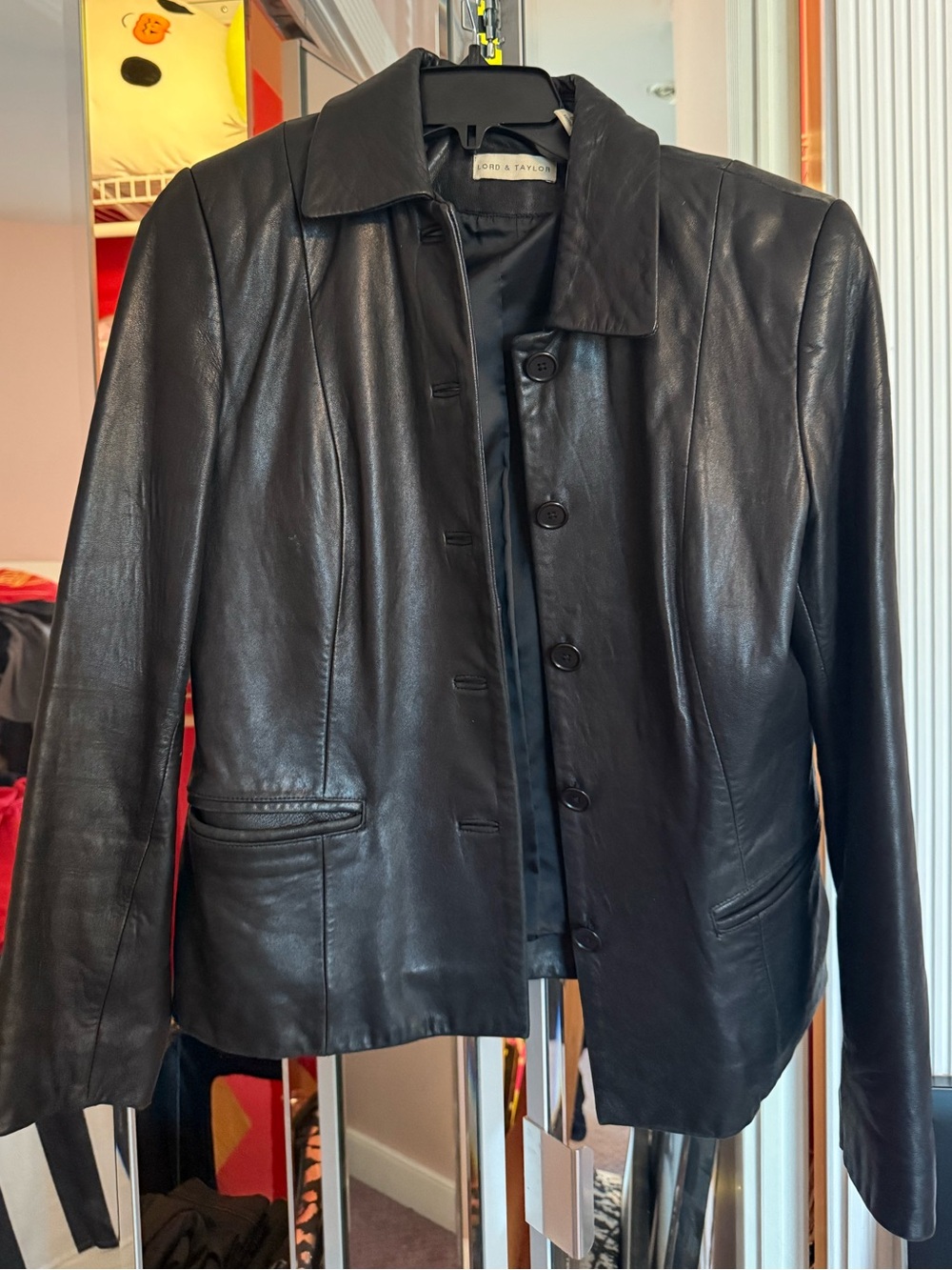 Lord and Taylor Black Leather Button-Front Jacket